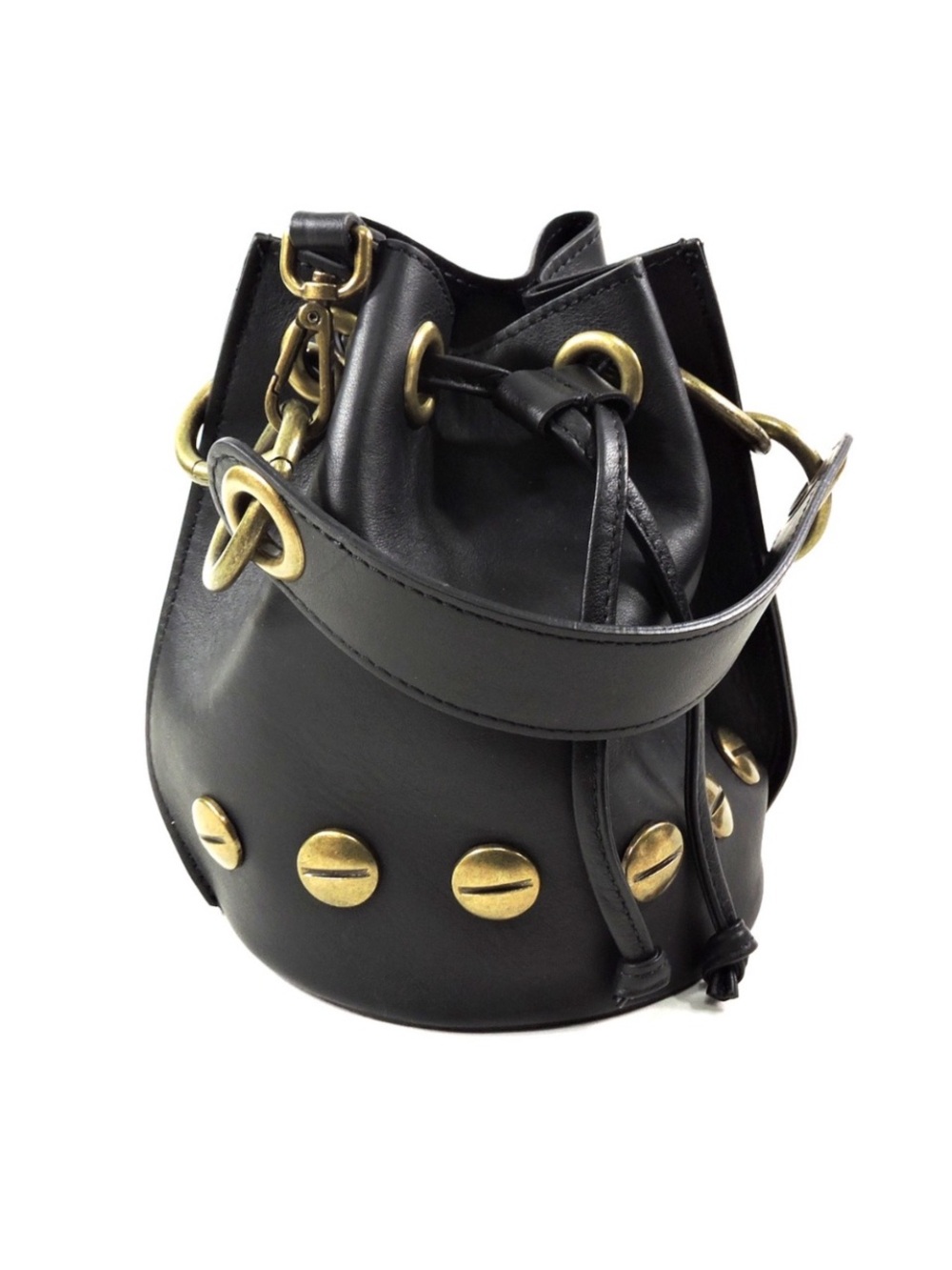 STELLA BIANCA 100% Leather Drawstring Bucket Bag with Gold Studs MADE IN ITALY